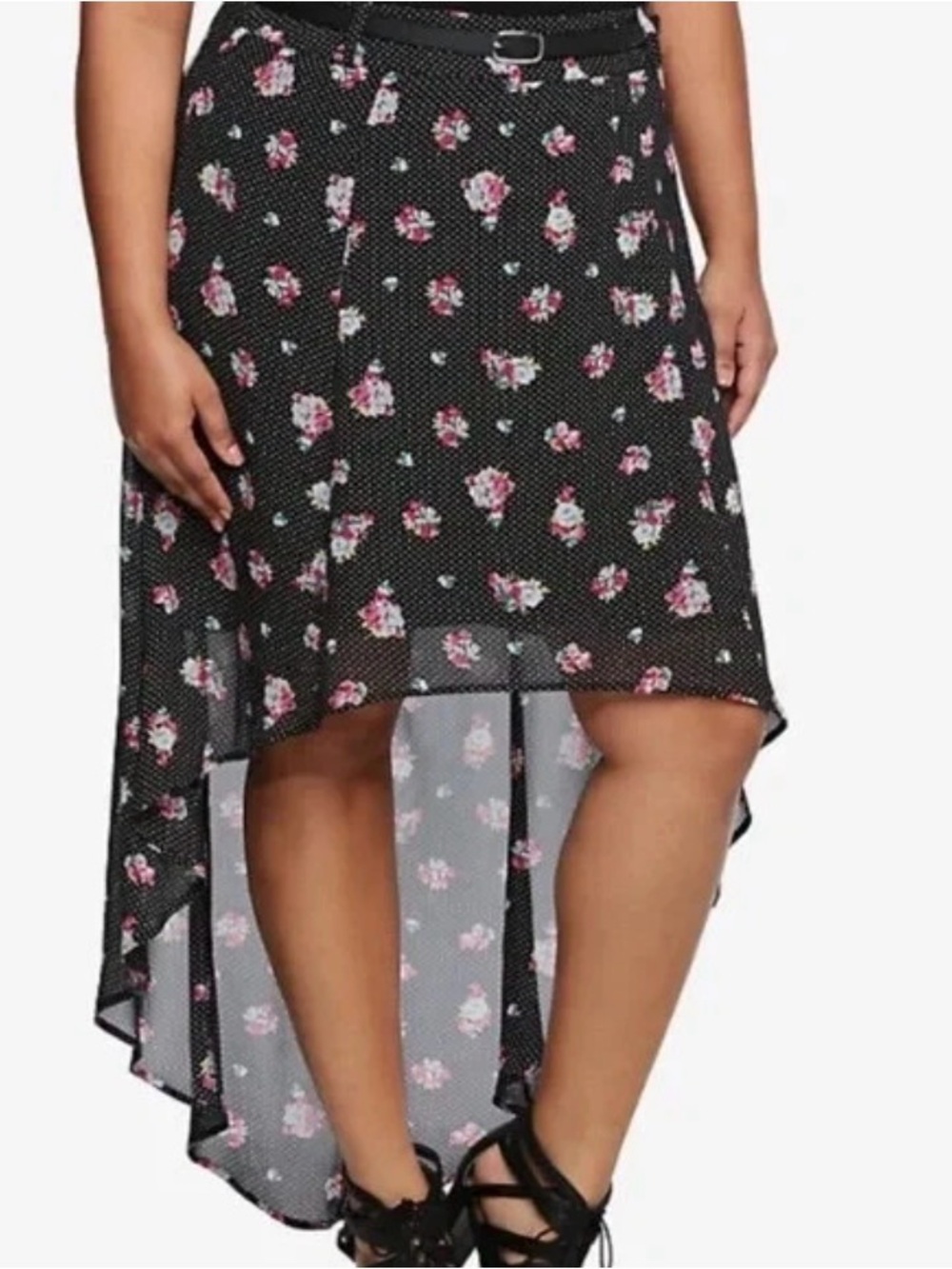 torrid Black High-Low Floral Chiffon Skirt with Pink Roses